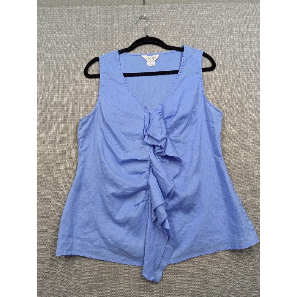 Allison Taylor Blouse Womens Large Blue Linen Sleeveless V Neck Ruffle Front Top